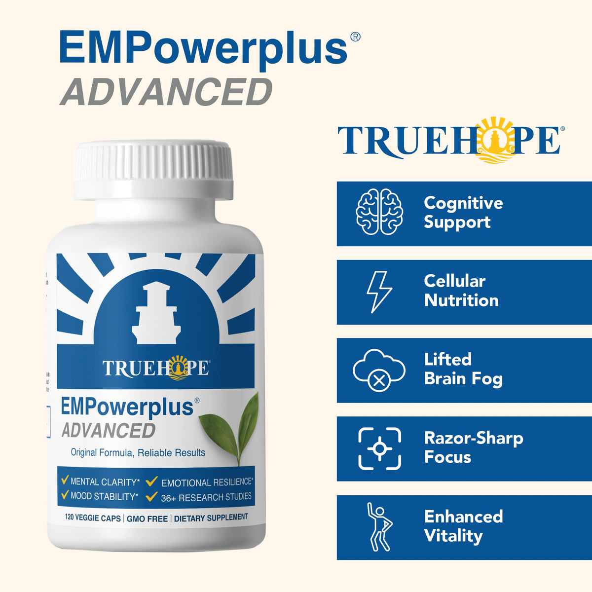 Truehope EMPowerplus 120 capsules sur une table en bois