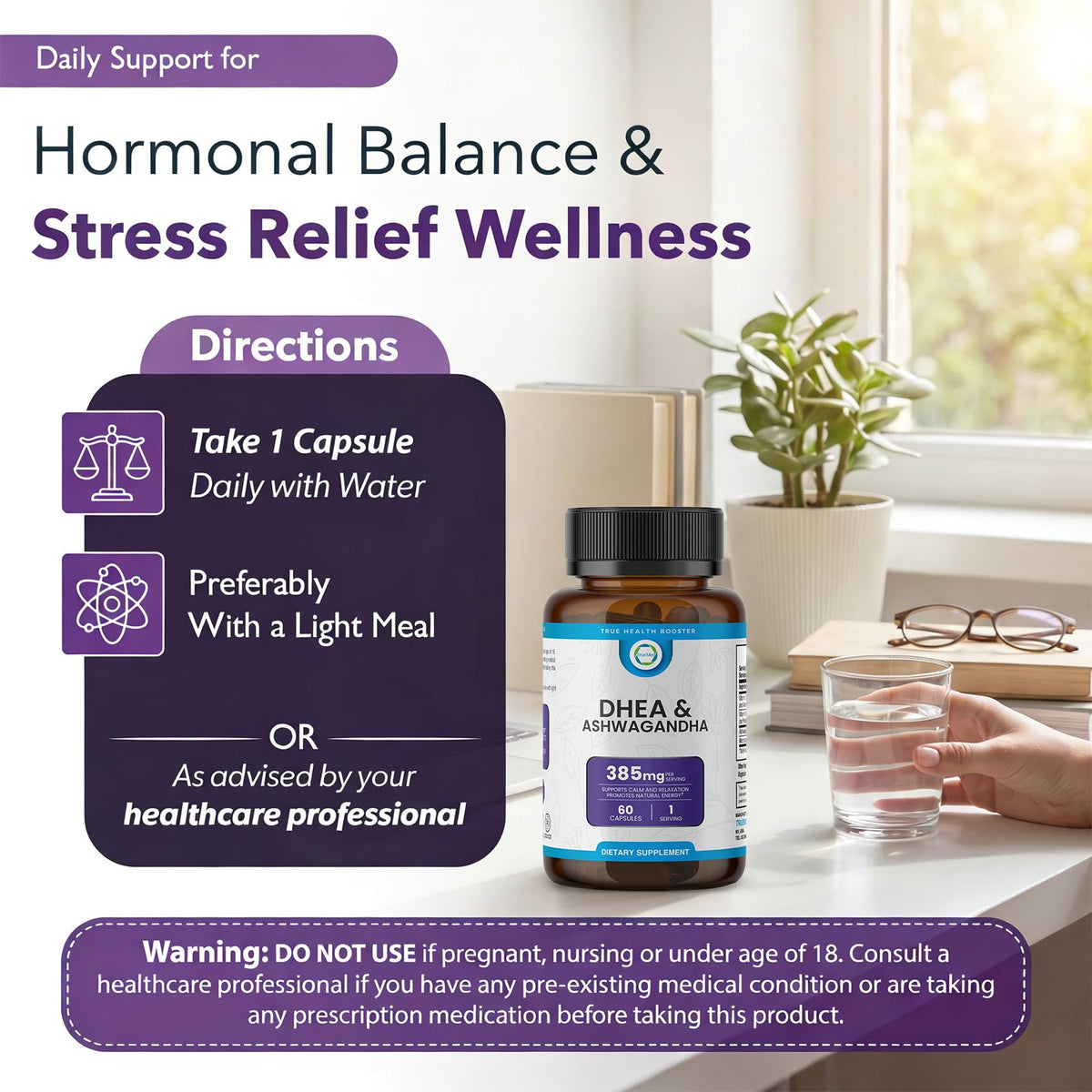 TRUEMED DHEA & Ashwagandha 385mg 60 capsules végétales arrière