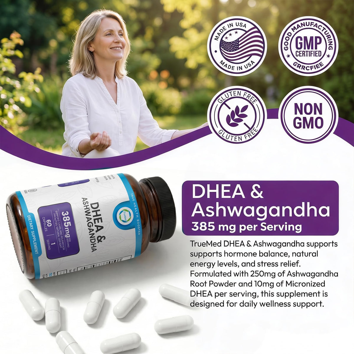 TRUEMED DHEA & Ashwagandha 385mg 60 capsules végétales avec étiquette