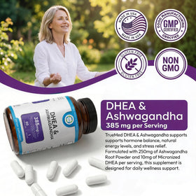 TRUEMED DHEA & Ashwagandha 385mg 60 capsules végétales avec étiquette