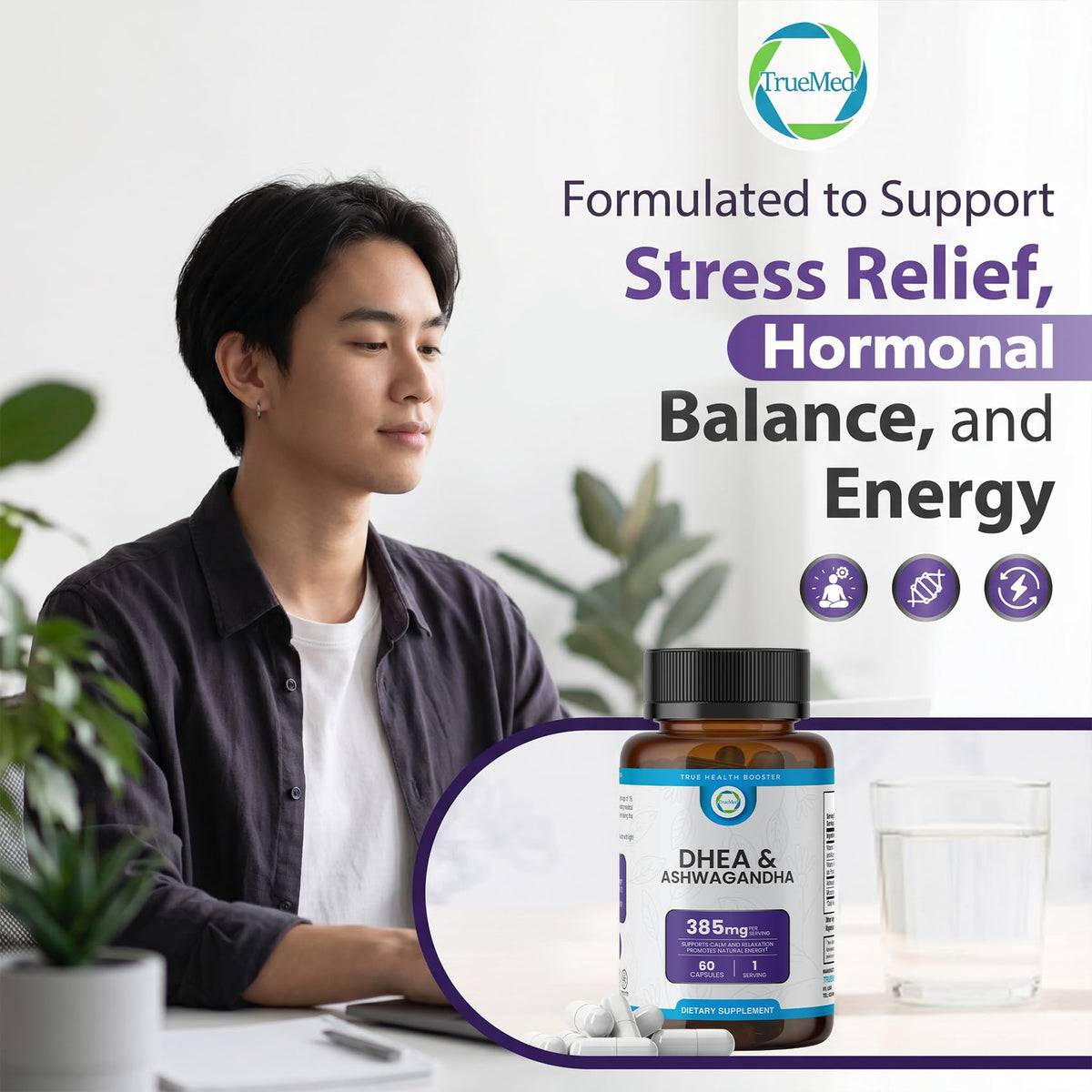 TRUEMED DHEA & Ashwagandha 385mg 60 capsules végétales avec verre d'eau