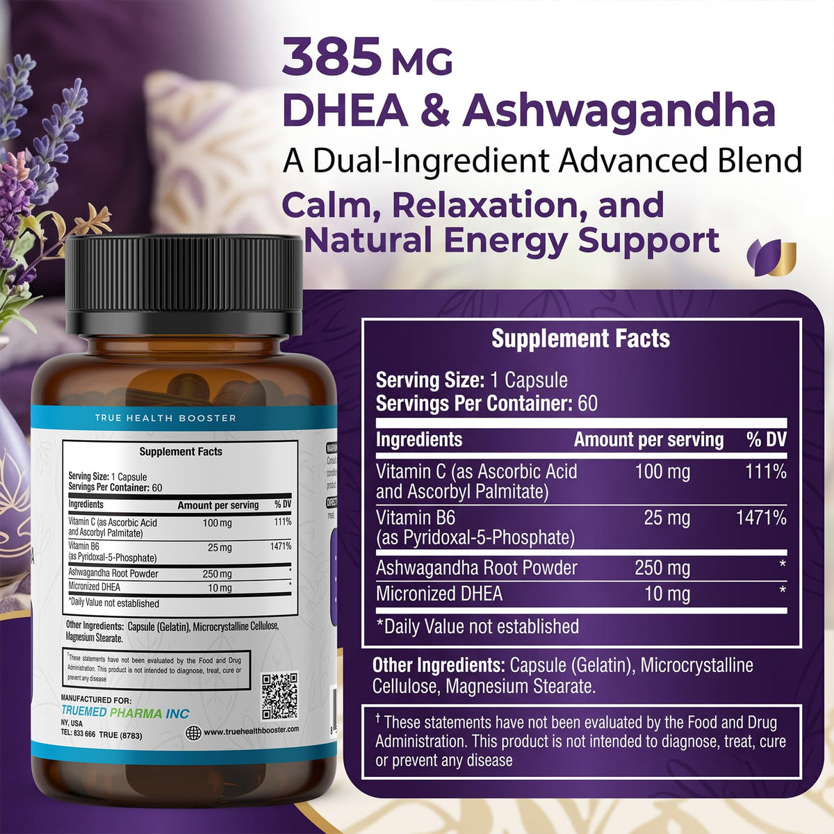 TRUEMED DHEA & Ashwagandha 385mg 60 capsules végétales côté