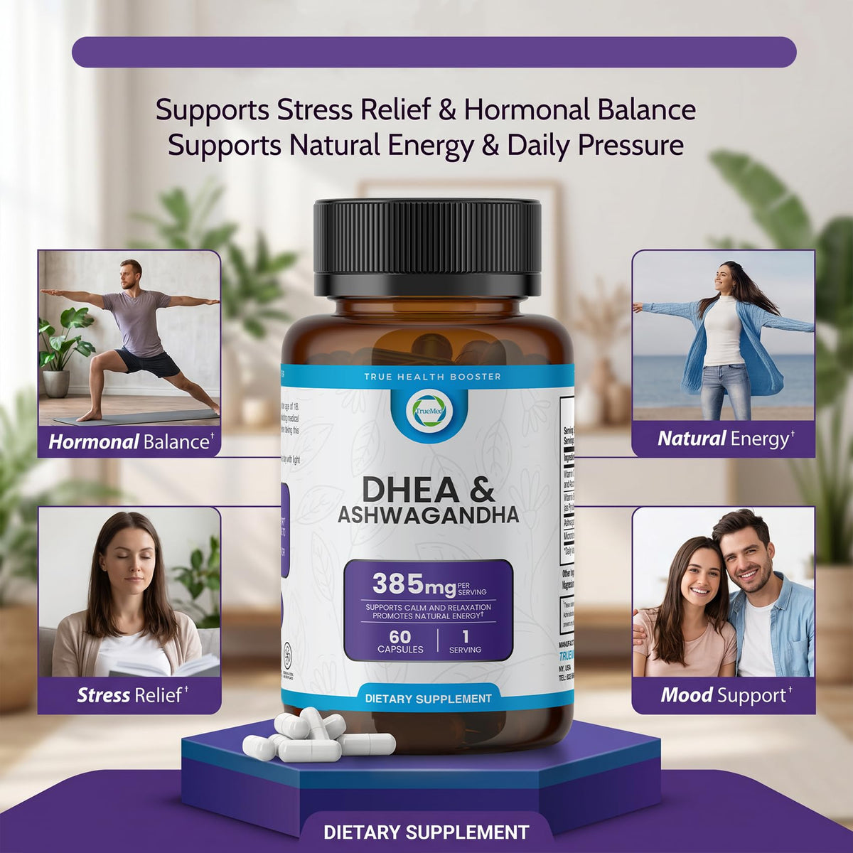 TRUEMED DHEA & Ashwagandha 385mg 60 capsules végétales sur fond blanc