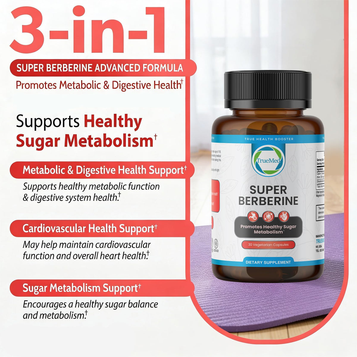 TRUEMED Super Berberine bouteille avec capsules en arrière-plan