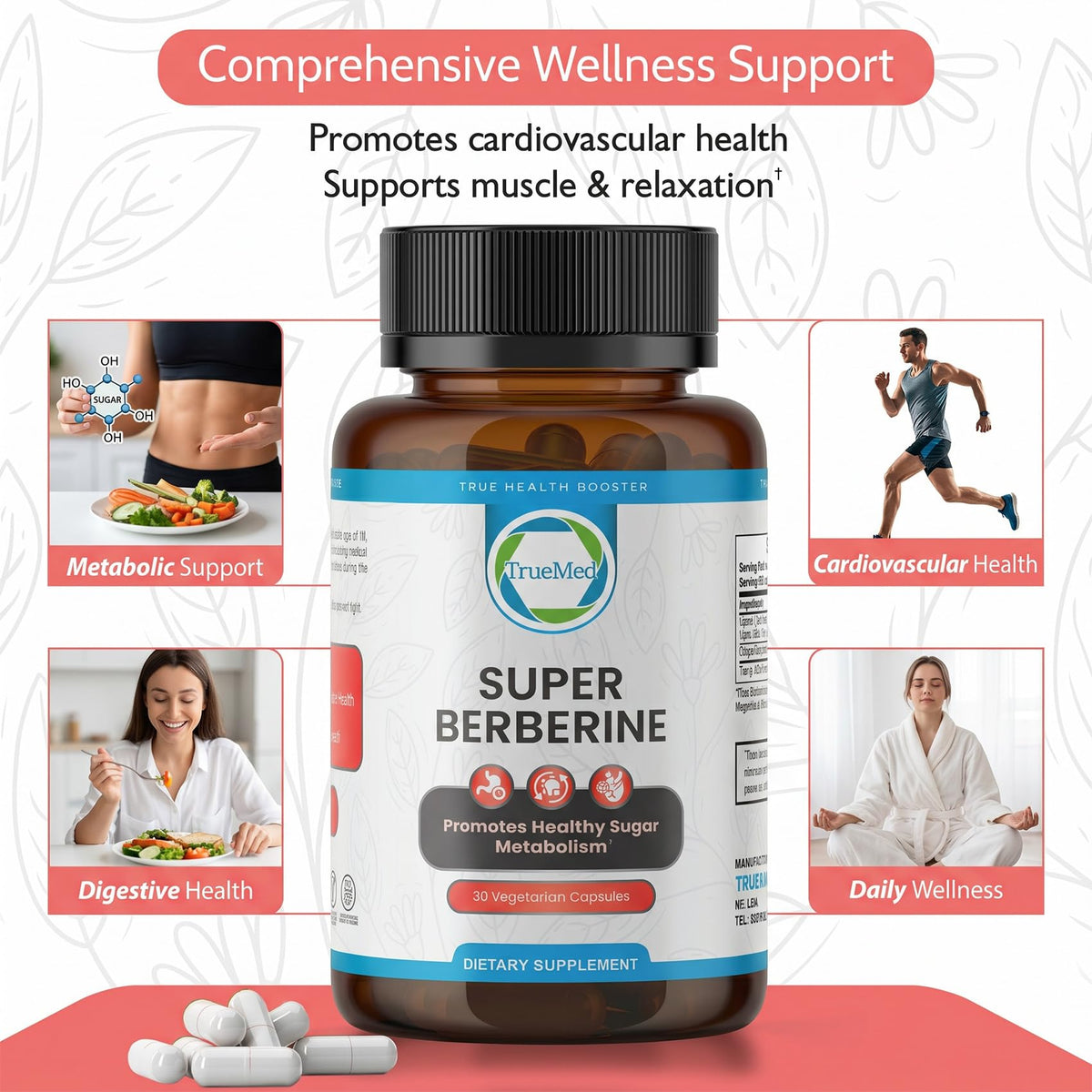 TRUEMED Super Berberine capsules sur une surface en bois