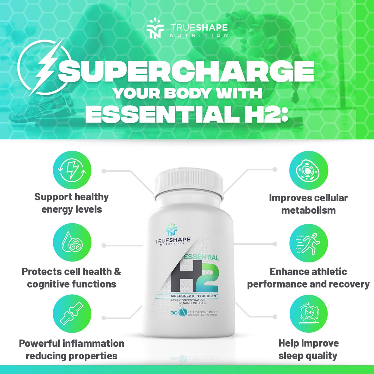 TrueShape Nutrition Tablette effervescente H2 dans un verre d'eau