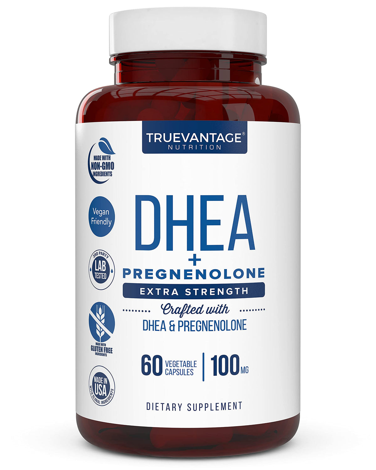 Truevantage Nutrition DHEA 100 mg + Pregnenolone 60 mg capsules front view