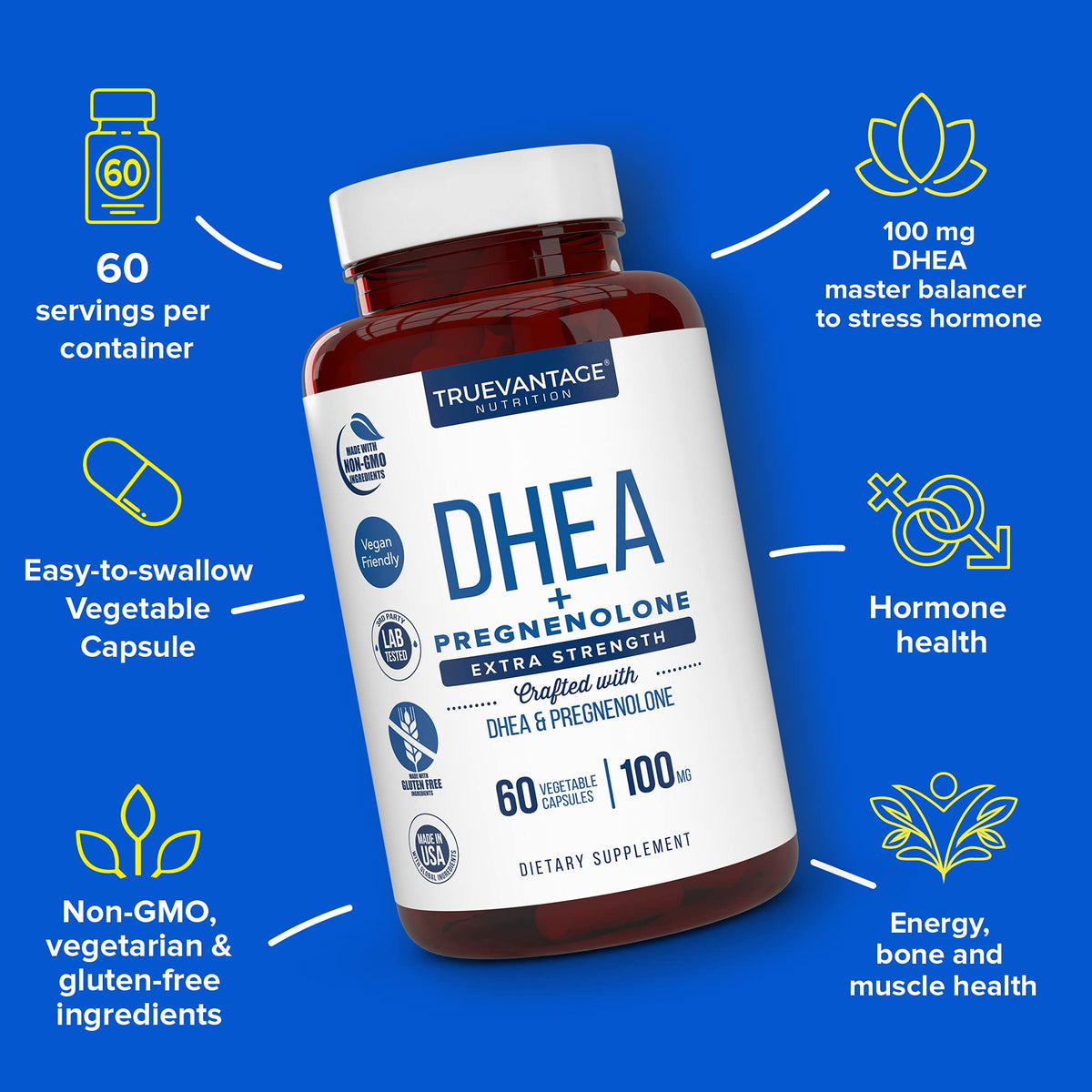 Truevantage Nutrition DHEA supplement bottle with label