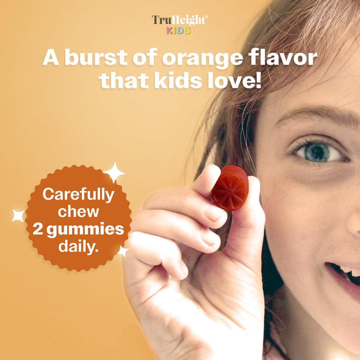 TruHeight Gummies avec un enfant souriant en arrière-plan
