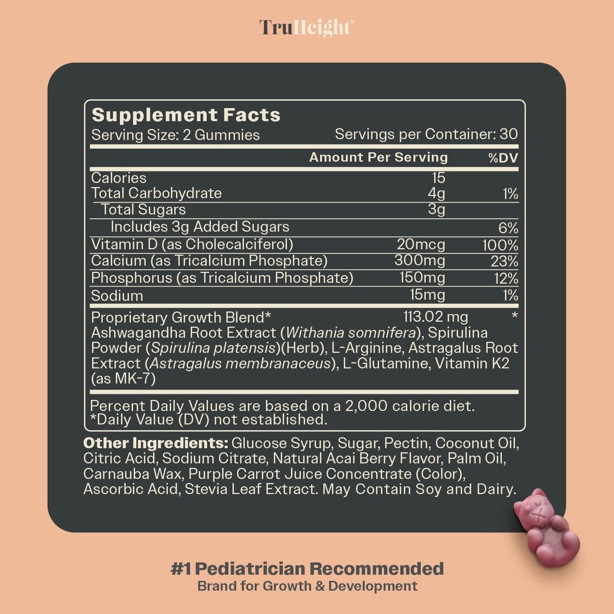 TruHeight Gummies de Croissance Acai montrant les informations nutritionnelles