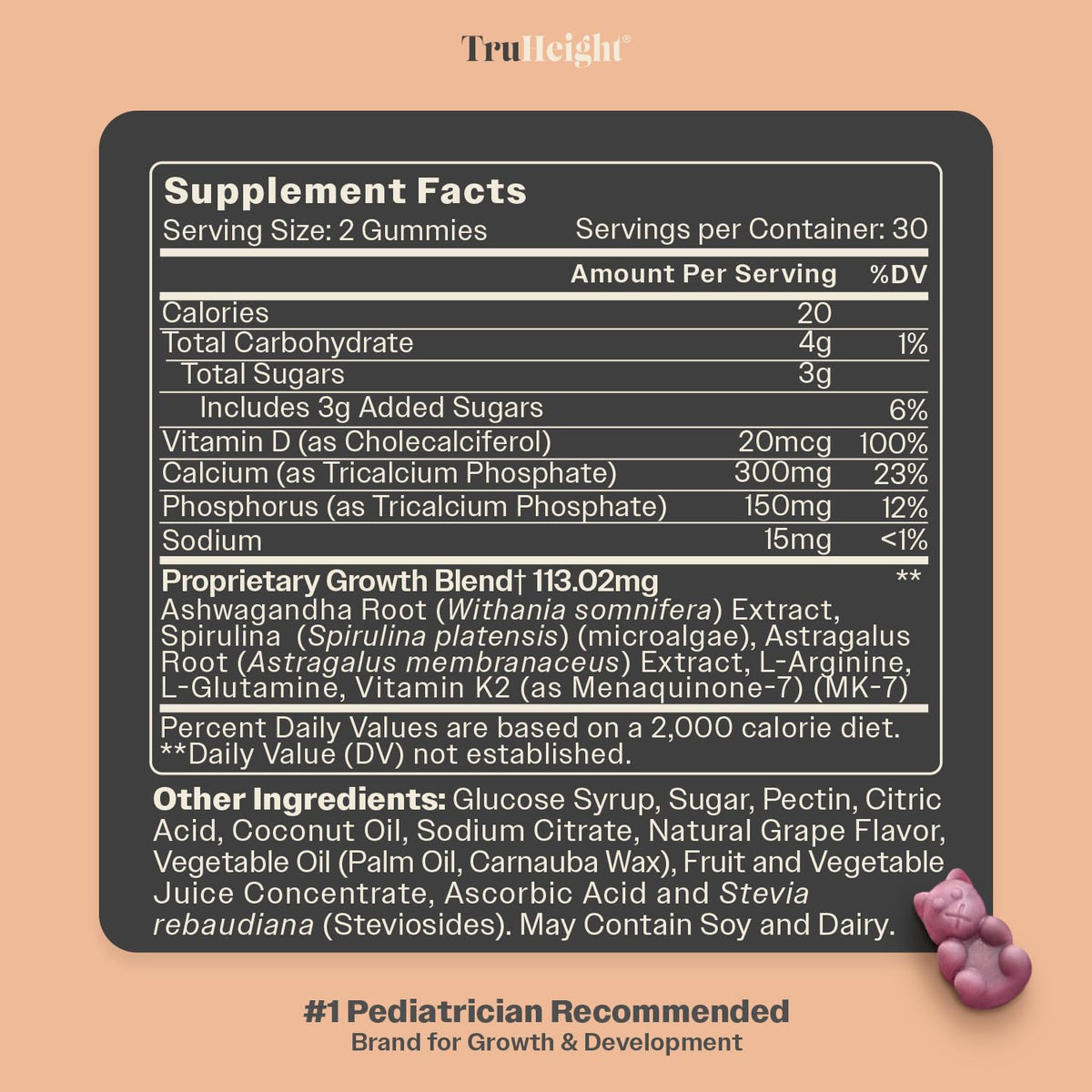 TruHeight Gummies de Croissance, ingrédients sur l'étiquette