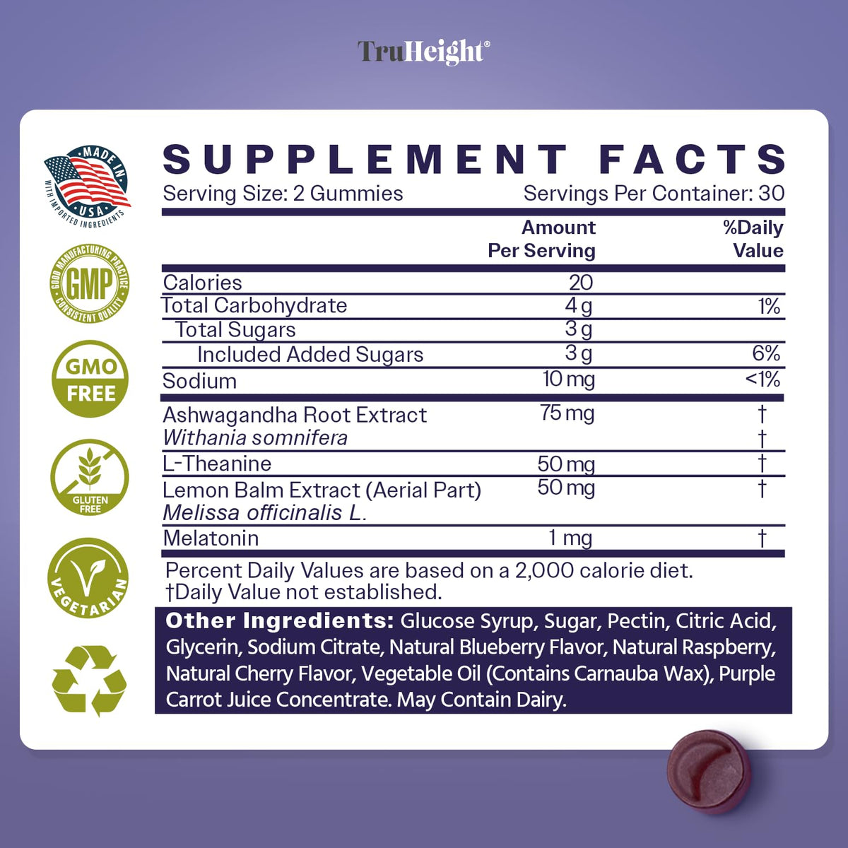 TruHeight Gummies de Sommeil, ingrédients clés sur l'emballage
