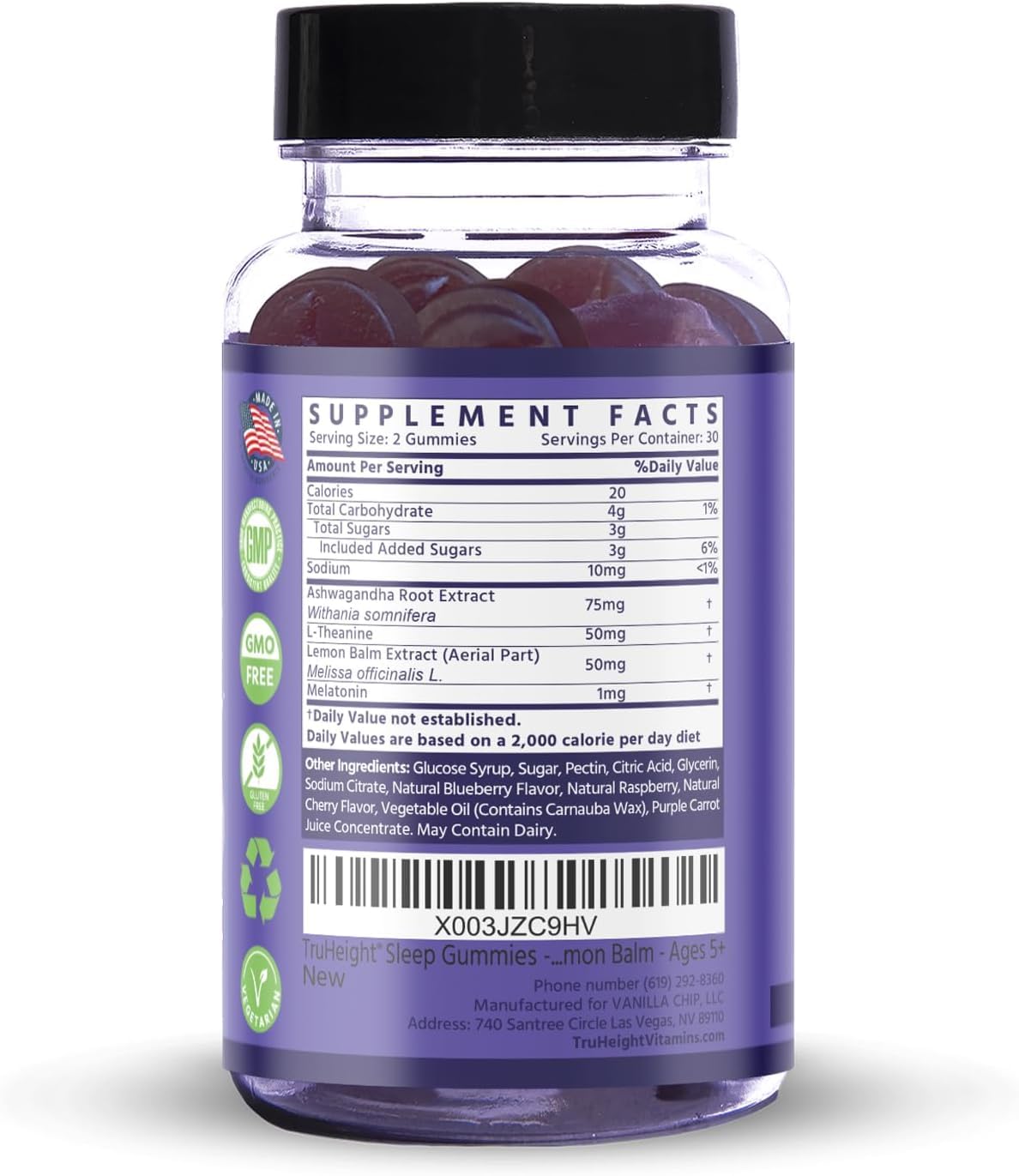 TruHeight Gummies de Sommeil, vue arrière du produit