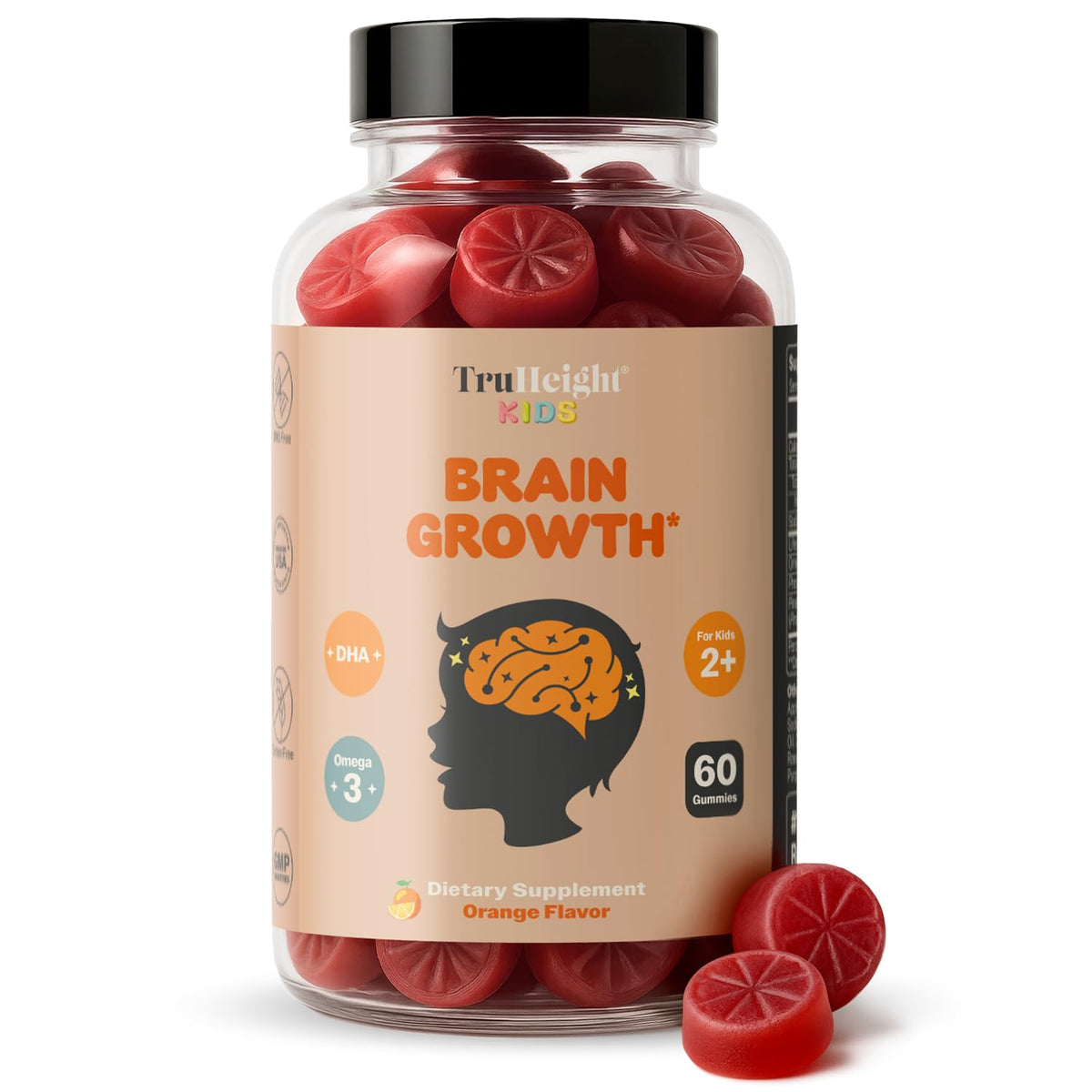 TruHeight Gummies pour enfants en vue de face avec étiquette orange