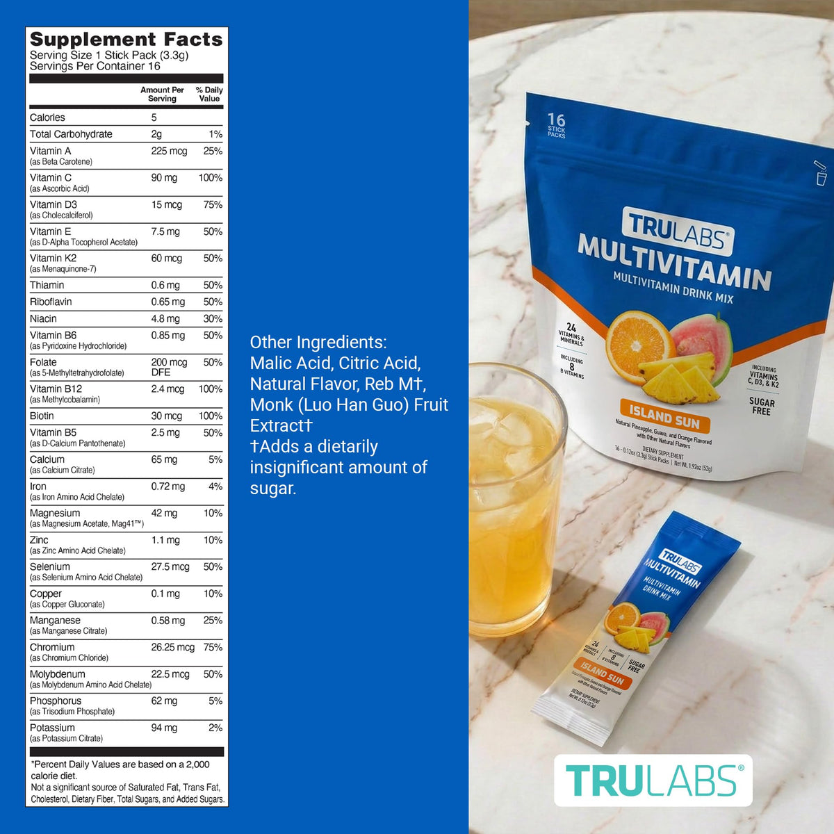 TRULABS Mélange de Multivitamines Saveur Island Sun stick sur une table de cuisine