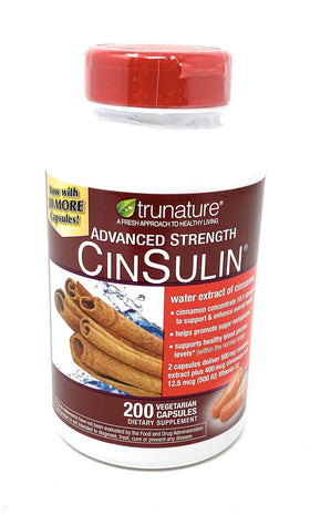 TruNature Cinsulin 500 mg capsules sur une surface blanche