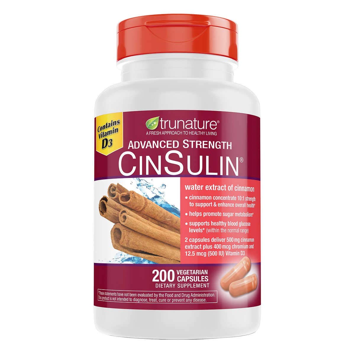 TruNature Cinsulin 500 mg flacon avant vue avec 200 capsules