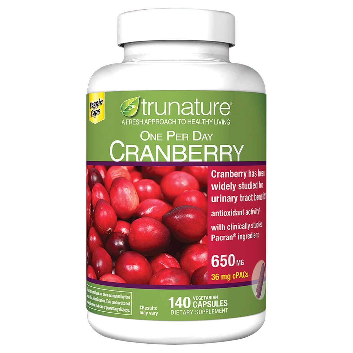 TruNature Cranberry 650 mg 140 capsules végétariennes vue de face