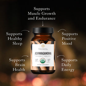 Truvani Ashwagandha Bio flacon ouvert avec capsules
