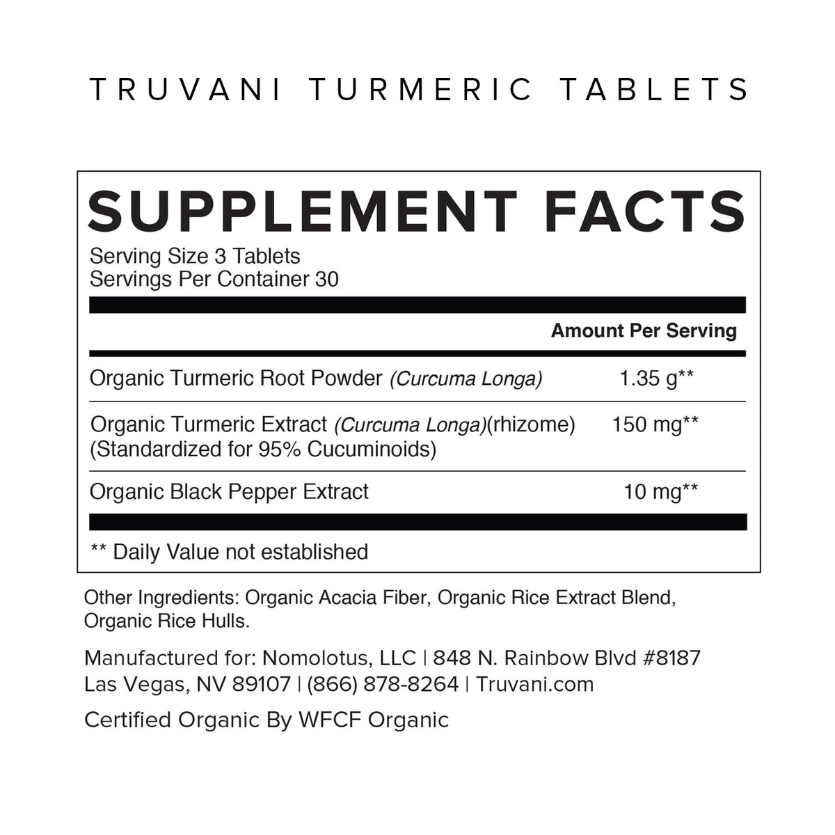 Truvani Curcuma Curcumine 1350 mg tablette sur fond blanc