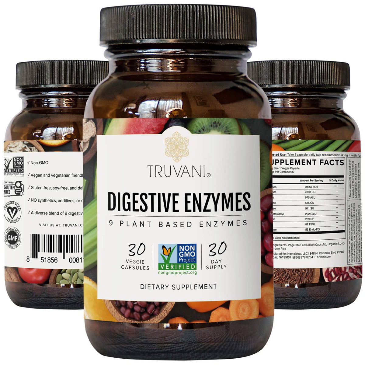 Truvani Enzymes daily à côté d'un verre d'eau