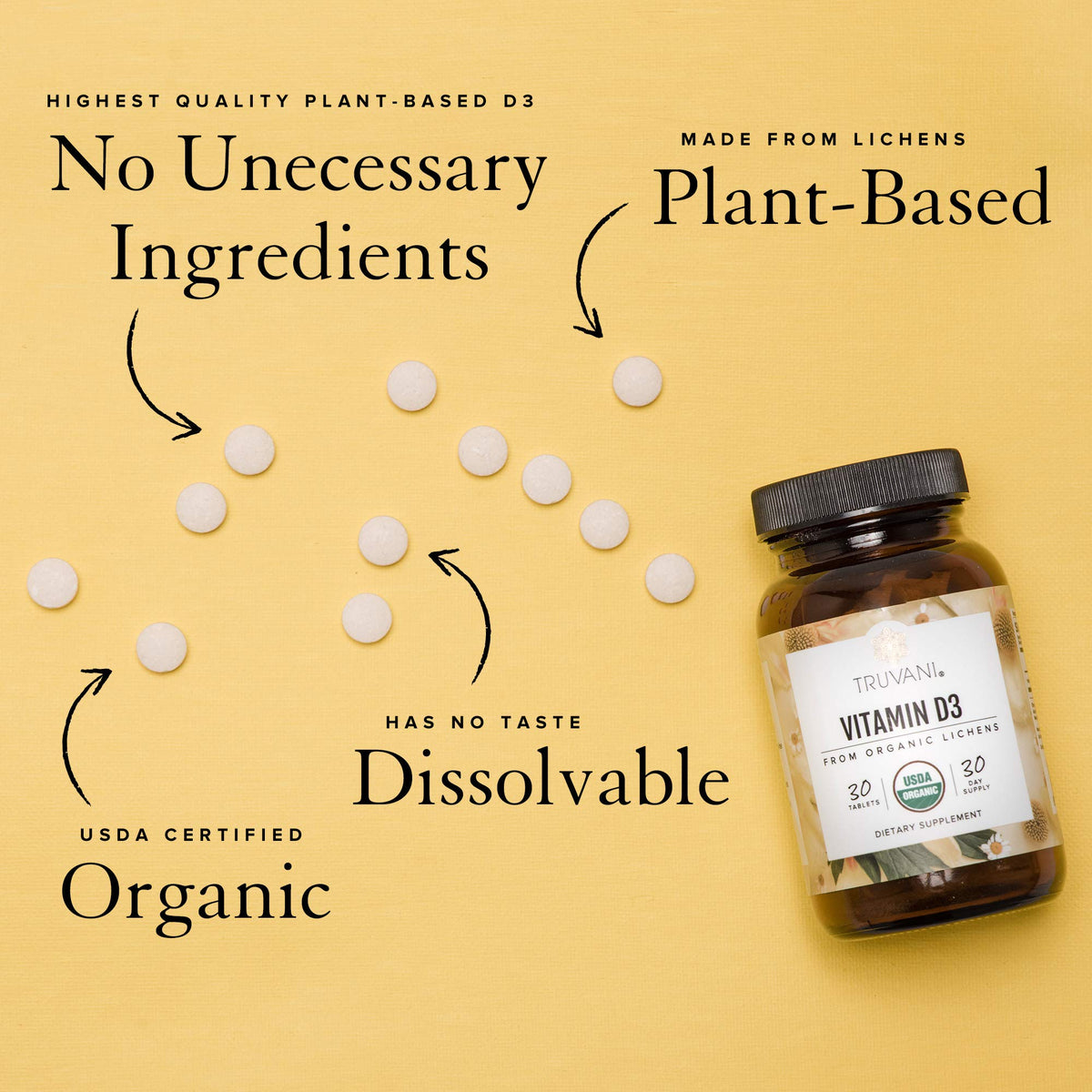 Truvani Vitamine D3 comprimés sur une table