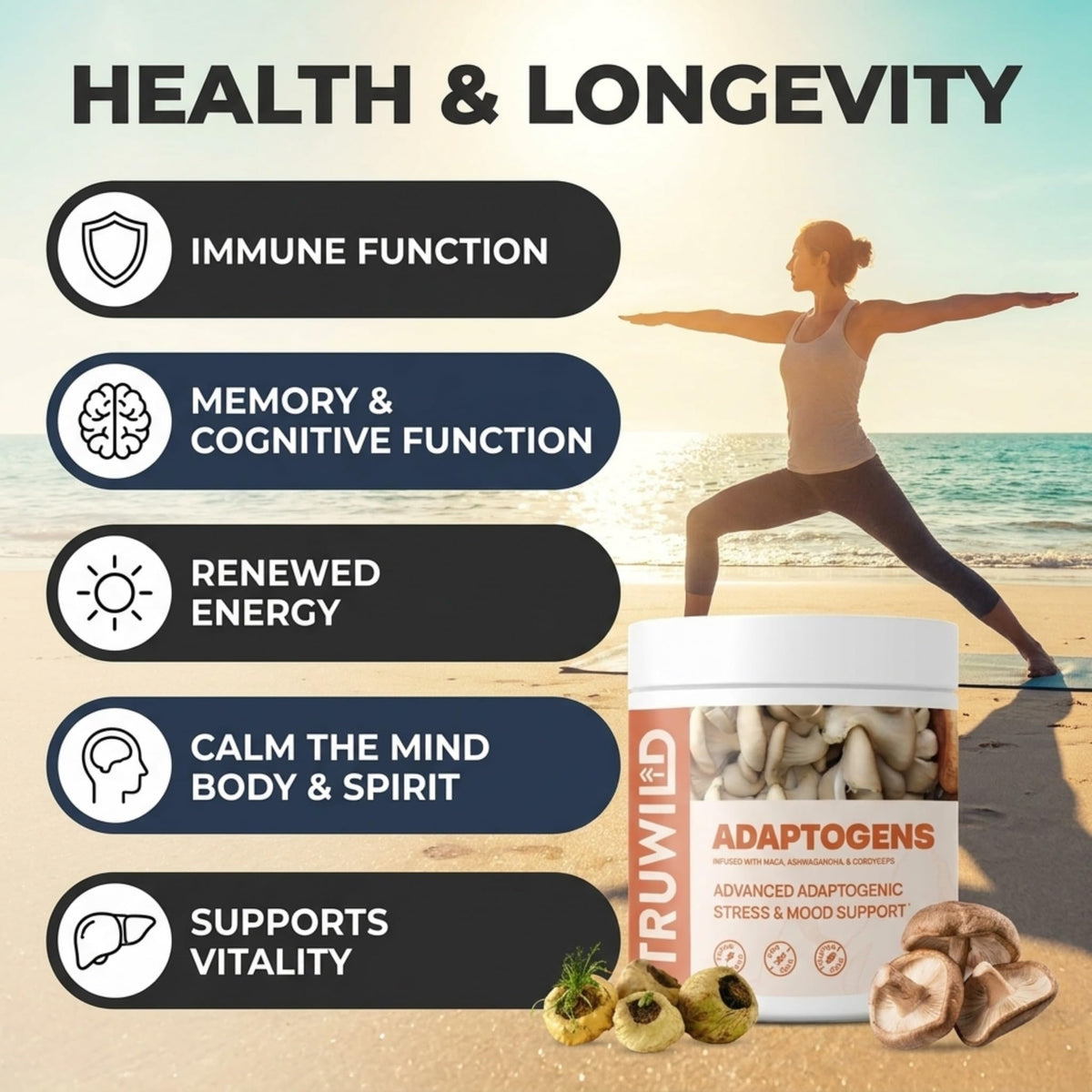 TruWild Mélange d'Adaptogènes avec Cordyceps, Maca, Ashwagandha