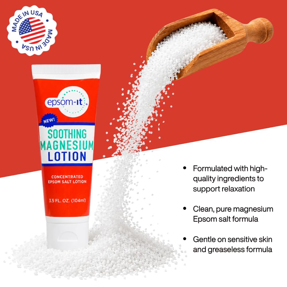 Tube de lotion magnésium EPSOM-IT dans un environnement de salle de bain