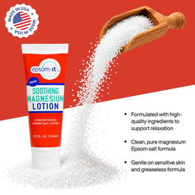 Tube de lotion magnésium EPSOM-IT dans un environnement de salle de bain