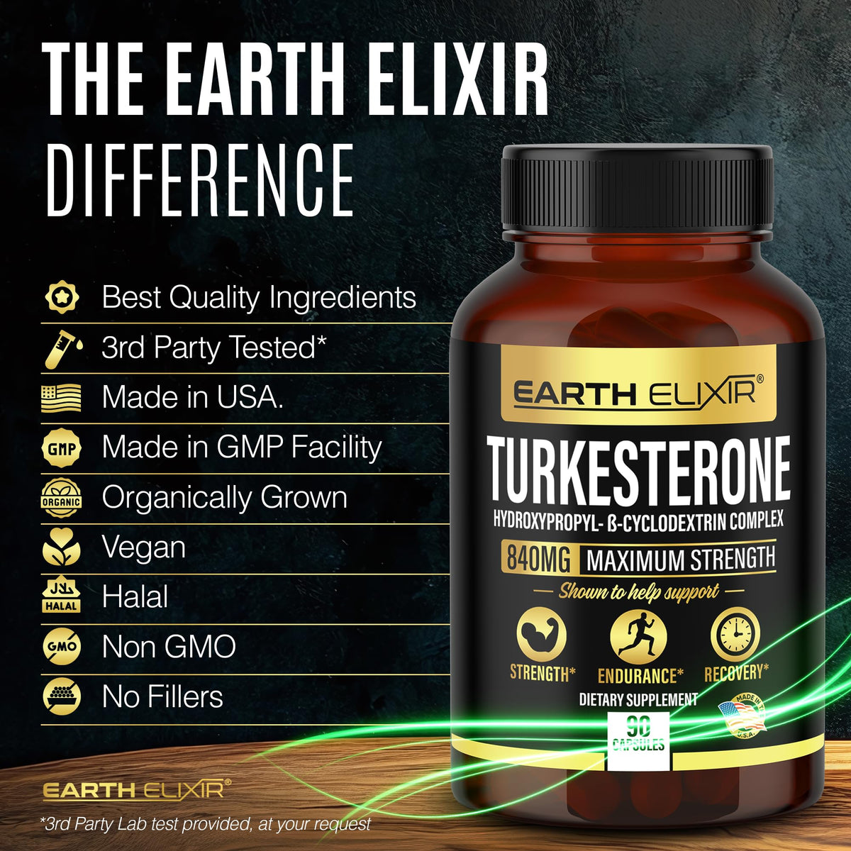 Turkesterone 840 mg Earth Elixir - Flacon dans un environnement sportif