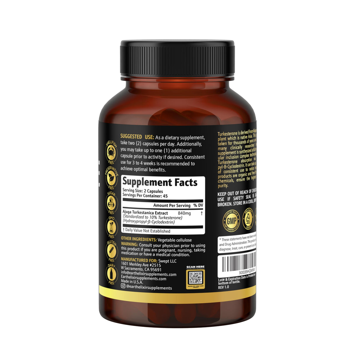 Turkesterone 840 mg Earth Elixir - Flacon ouvert avec capsule à côté