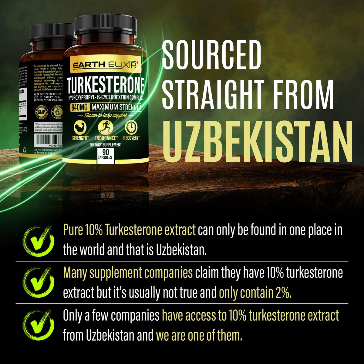 Turkesterone 840 mg Earth Elixir - Flacon sur surface blanche