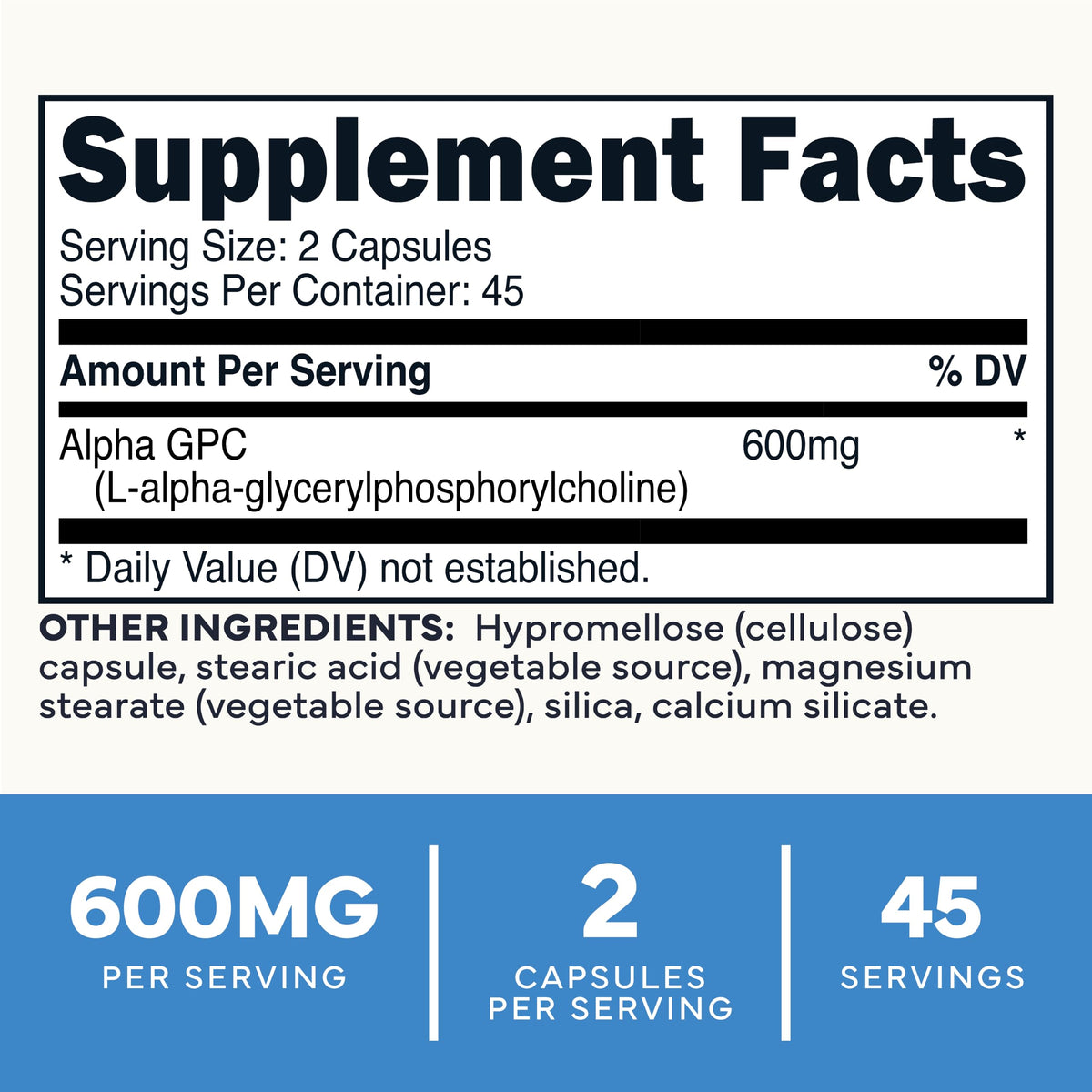 Type Zero Alpha GPC 600mg 90 capsules, étiquette détaillant les ingrédients