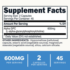 Type Zero Alpha GPC 600mg 90 capsules, étiquette détaillant les ingrédients
