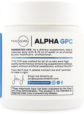 Type Zero Alpha GPC 600mg 90 capsules, vue latérale de la bouteille