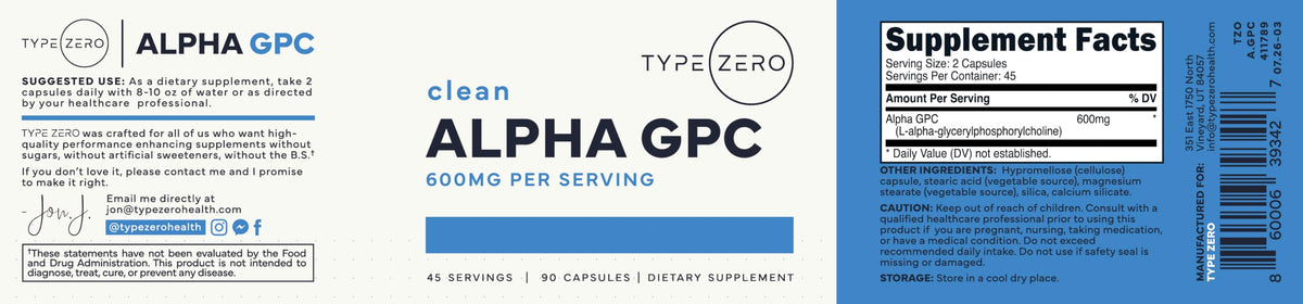 Type Zero Alpha GPC 600mg, bouteille ouverte montrant les capsules