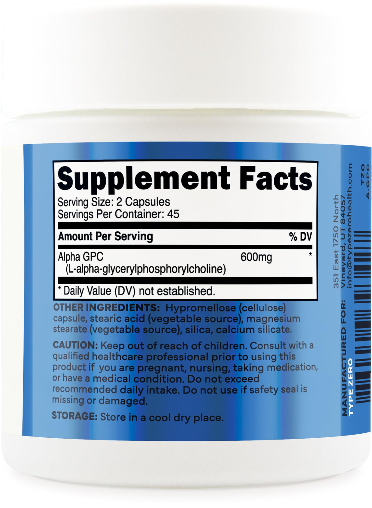 Type Zero Alpha GPC 600mg capsule, gros plan sur la capsule