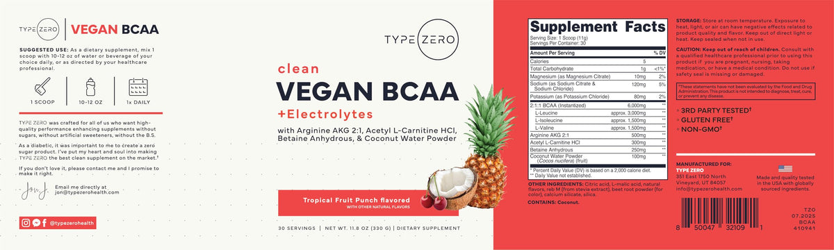 Type Zero BCAA Vegan 399g sur une table avec ingrédients naturels