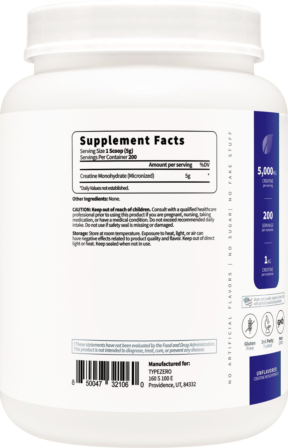 Type Zero Créatine Monohydrate 1 KG sur une table avec un verre d'eau