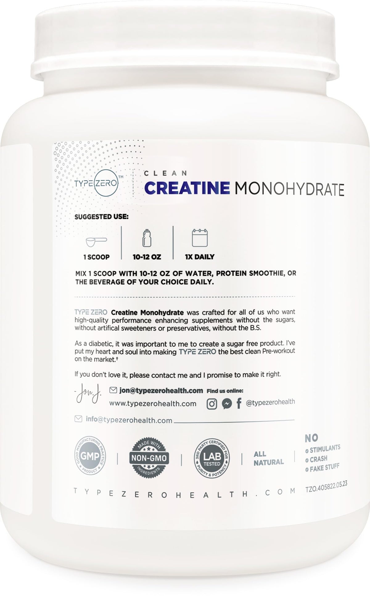 Type Zero Créatine Monohydrate 1 KG vue de côté