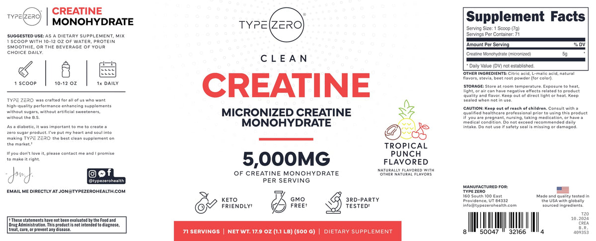 Type Zero créatine monohydrate 500g affichant l'étiquette et la saveur