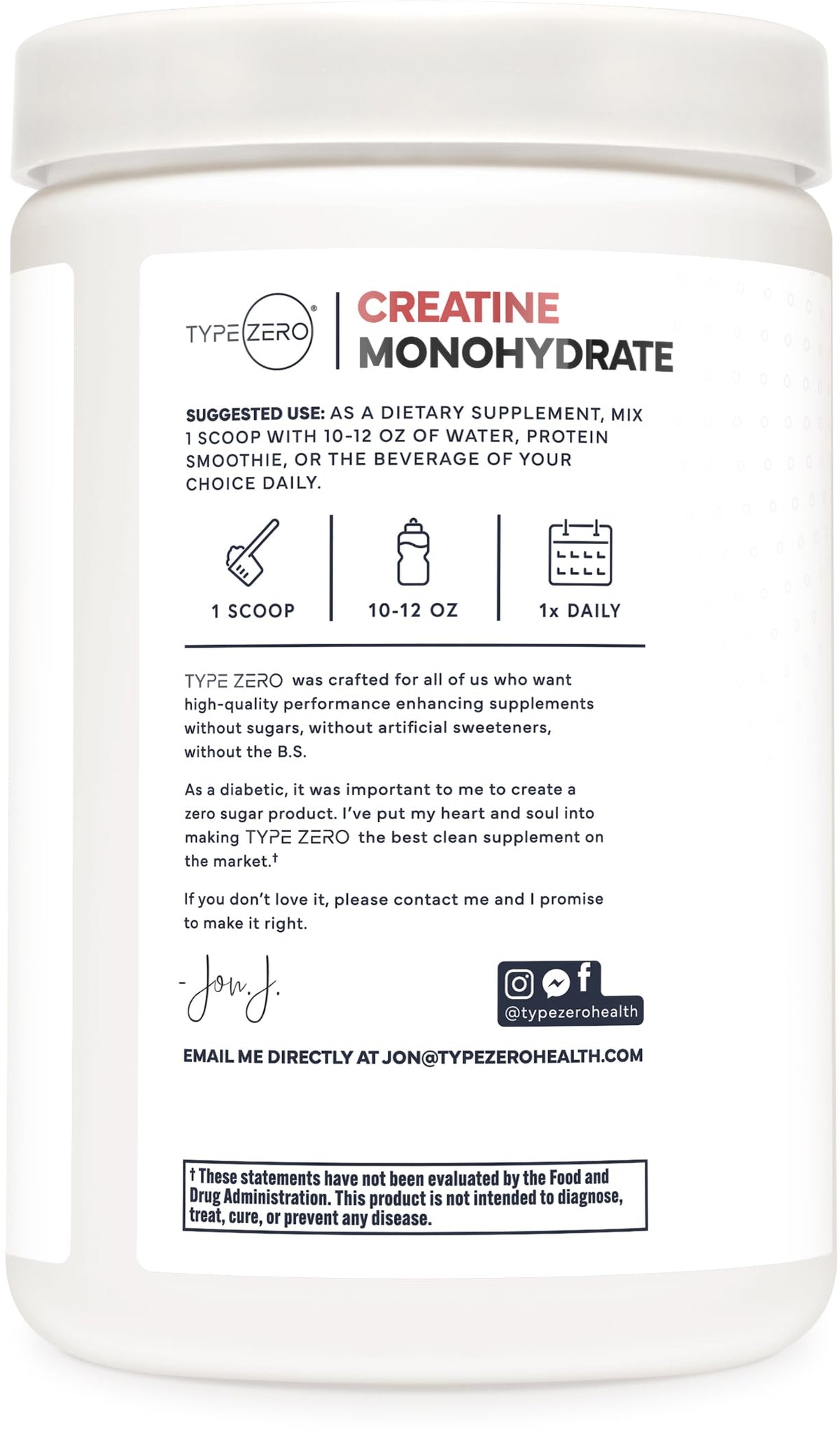 Type Zero créatine monohydrate 500g avec un verre d'eau