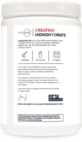 Type Zero créatine monohydrate 500g avec un verre d'eau