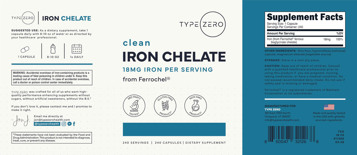 Type Zero Fer Chélaté, capsules sur une surface blanche