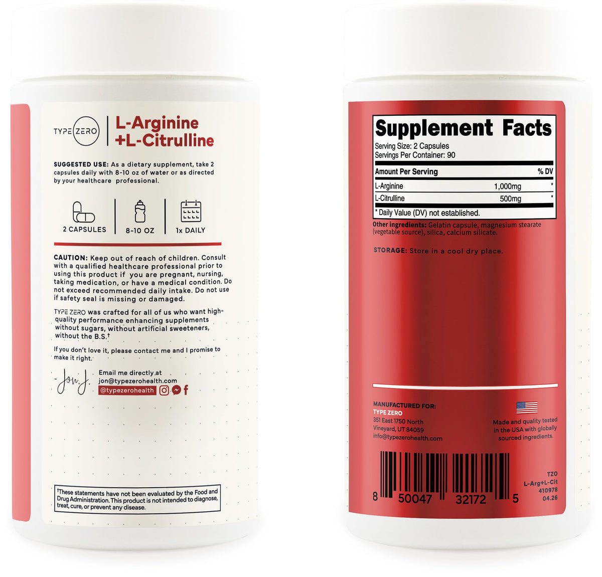 Type Zero L-Arginine + L-Citrulline 1500mg avec dosage indiqué