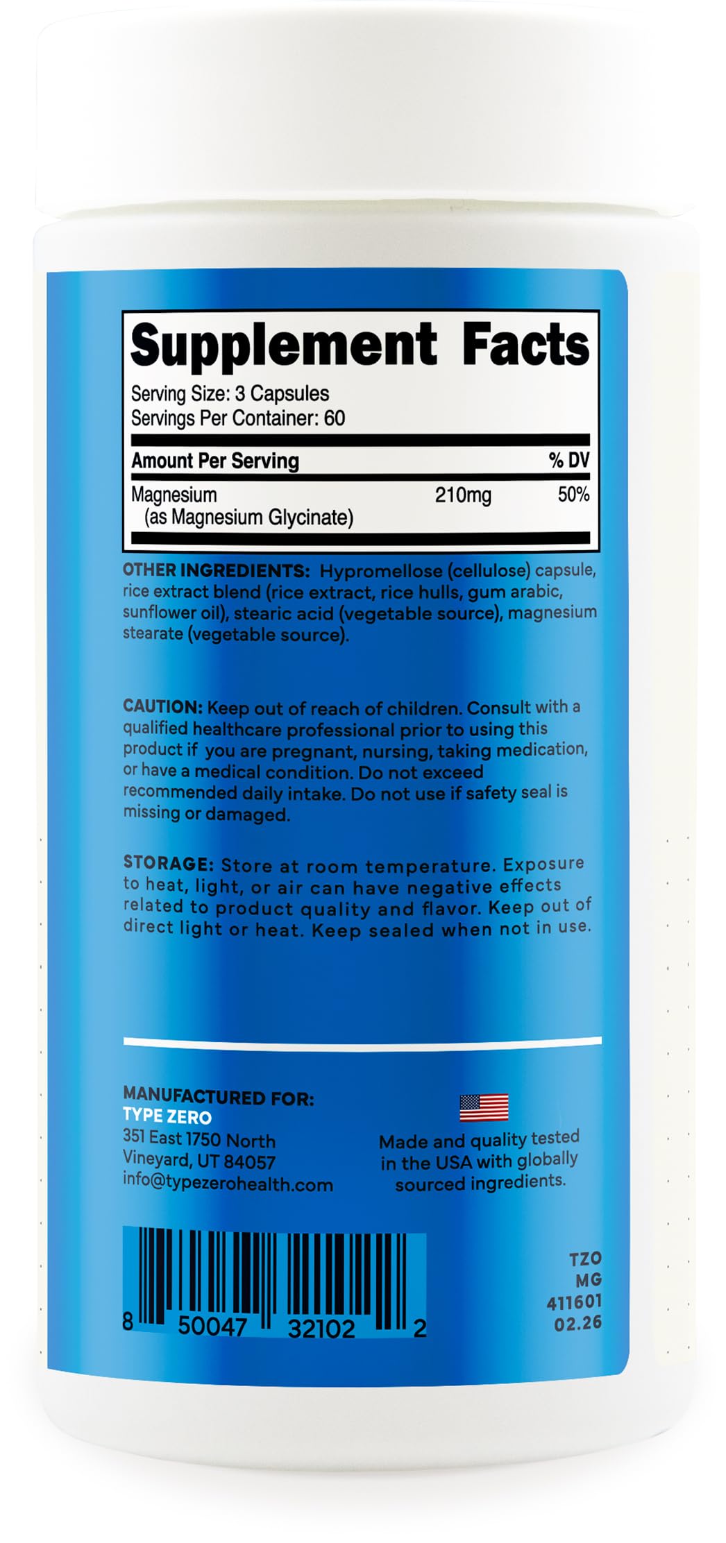 Type Zero Magnésium Glycinate 180 Capsules - packaging