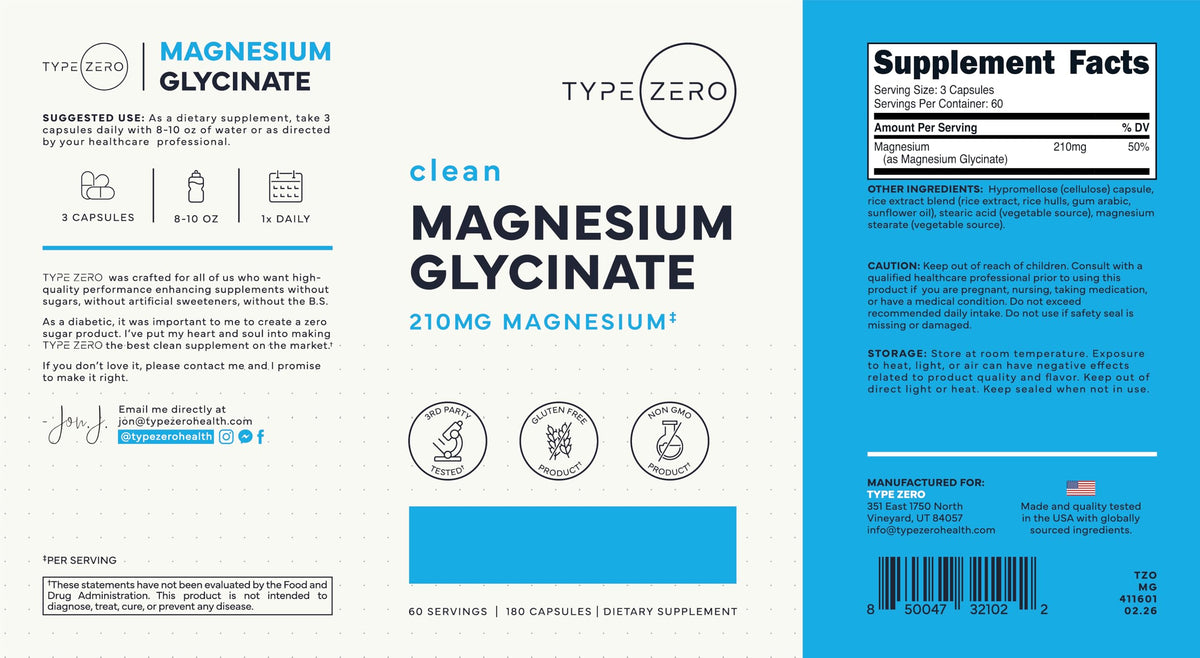 Type Zero Magnésium Glycinate - capsules sur une table