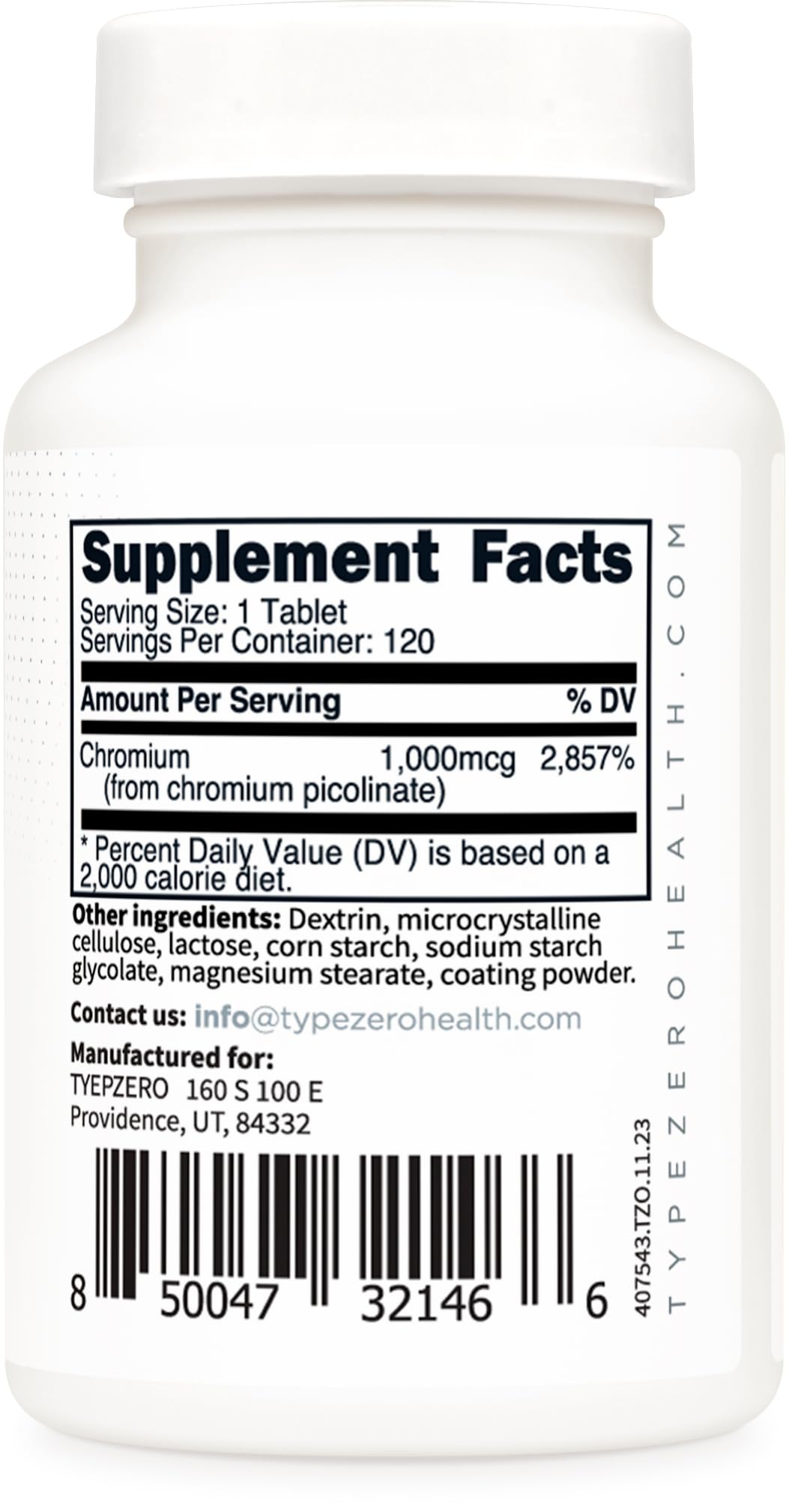 Type Zero Picolinate de Chrome Clean 1000mcg étiquette et dosage