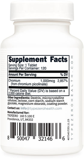 Type Zero Picolinate de Chrome Clean 1000mcg étiquette et dosage