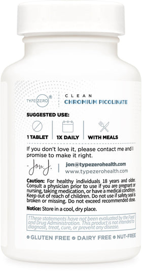 Type Zero Picolinate de Chrome Clean 1000mcg tablettes sur fond blanc